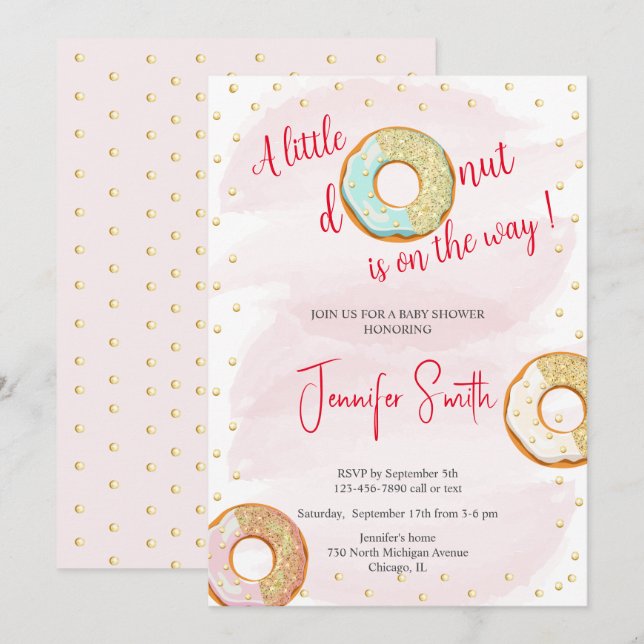 Invitation pour Baby Shower avec un petit donut ro (Devant / Derrière)