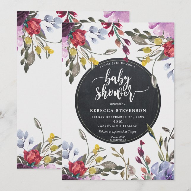 Invitation pour baby shower bohème avec fleurs sau (Devant / Derrière)