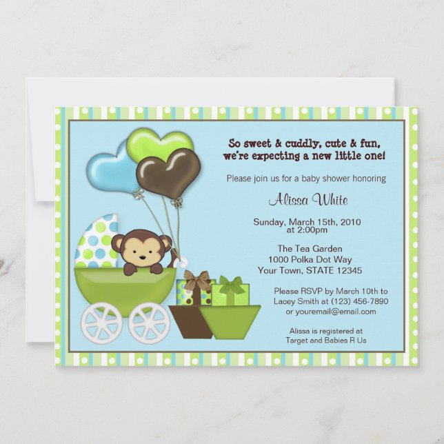 Invitation pour Baby Shower Carrosse de Singe BLEU (Devant)