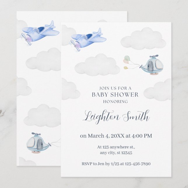 Invitation pour Baby Shower d'avion (Devant / Derrière)
