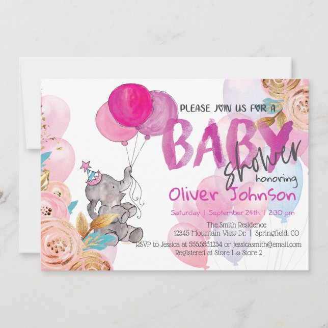 Invitation pour Baby Shower Éléphant Bébé Fille (Devant)