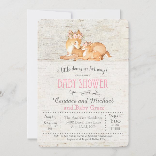 Invitation pour Baby Shower Fille au Petit Cerf et (Devant)