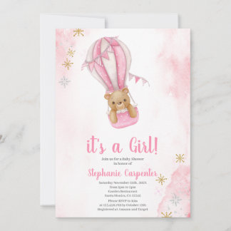 Invitation pour Baby Shower fille ours en peluche