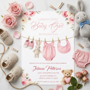 Invitation pour Baby Shower Fille Ourson Floral Ro