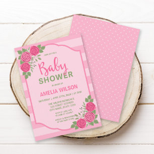 Invitation pour Baby Shower Fille Rose et Rayures 