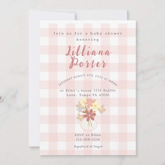 Invitation pour Baby Shower Fleur à carreaux roses (Devant)