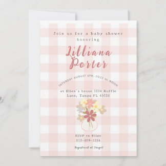 Invitation pour Baby Shower Fleur à carreaux roses