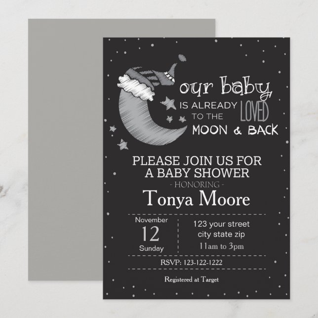 Invitation pour Baby Shower Noir Jusqu'à la Lune e (Devant / Derrière)
