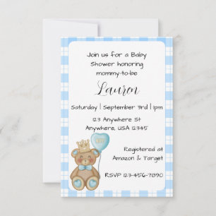 Invitation pour Baby Shower Ours Bleu pour Garçon