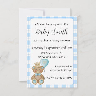 Invitation pour Baby Shower Ours Bleu pour Garçon