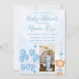 Invitation pour Baby Shower Ourson Bleu et Or