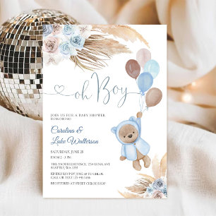 Invitation pour Baby Shower Ourson Fleurs Bleues