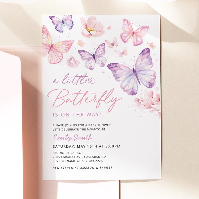 Invitation pour Baby Shower Papillon Rose Violet (Pink Purple Butterfly Baby Shower Invitation, Watercolor Butterfly Floral Baby Girl Shower Invite)