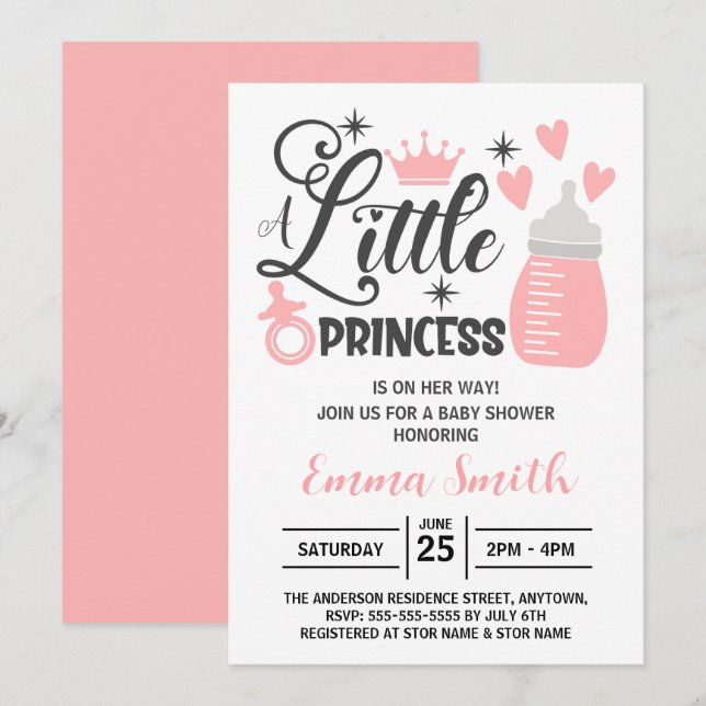 Invitation pour Baby Shower Petite Princesse (Devant / Derrière)