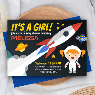 Invitation pour Baby Shower Rocket Girl Outer Spac