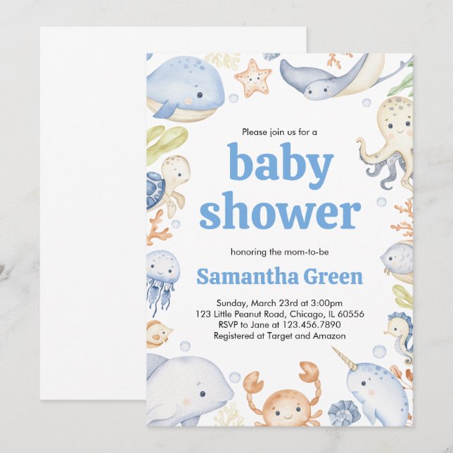 Invitation pour Baby Shower Sous l'Océan (Devant / Derrière)