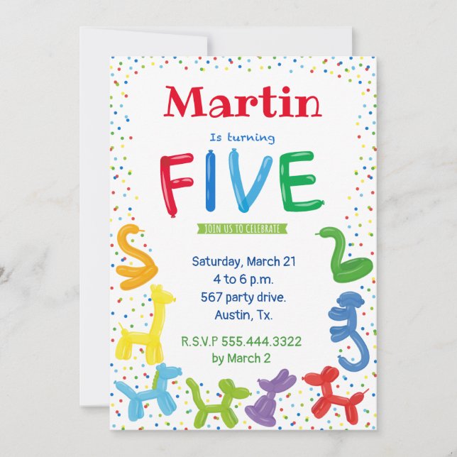 Invitation pour ballons d'animaux de 5e anniversai (Devant)