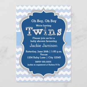 Invitation pour bébé garçon jumeaux bleu chevron