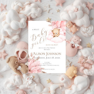 Invitation pour fille à la baby shower ours rose