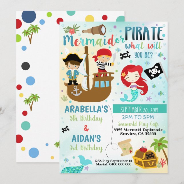 Invitation pour frère et sœur pirates et sirènes g (Devant / Derrière)