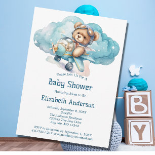 Invitation pour la baby shower Teddy Bear Airplane