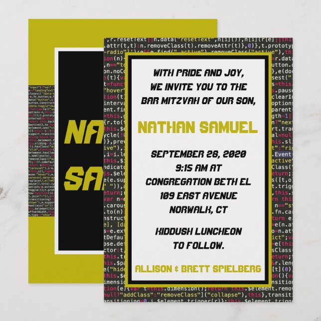 Invitation pour la Bar Mitzvah de la fête des code (Devant / Derrière)