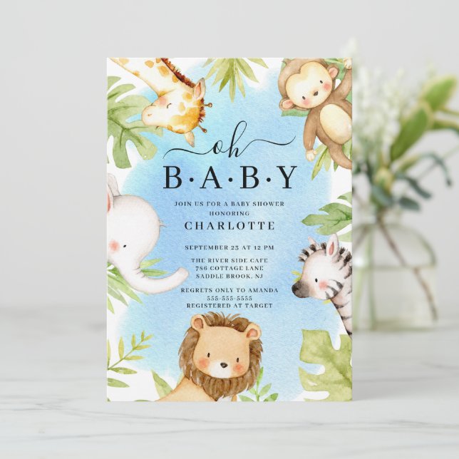 Invitation pour la fête prénatale Oh Baby Jungle (Debout devant)