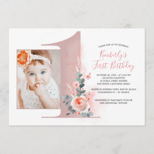 Invitation Pour la petite fille Pink 1er Birthday Party Phot
