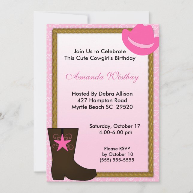 Invitation pour l'anniversaire de la Cowgirl Weste (Devant)