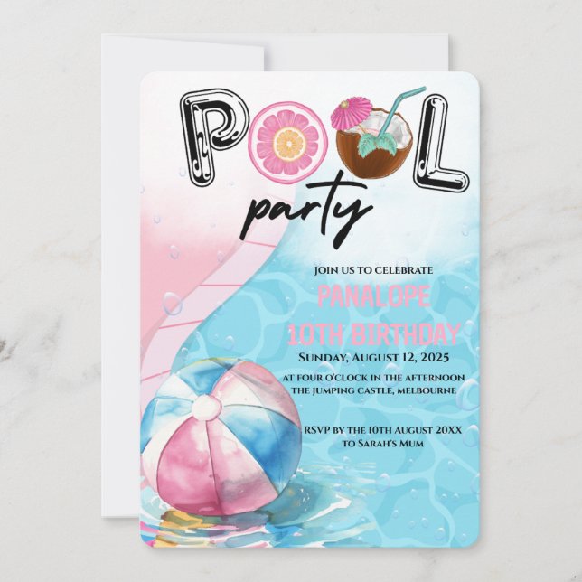 Invitation pour l'anniversaire de la fête du pool (Devant)