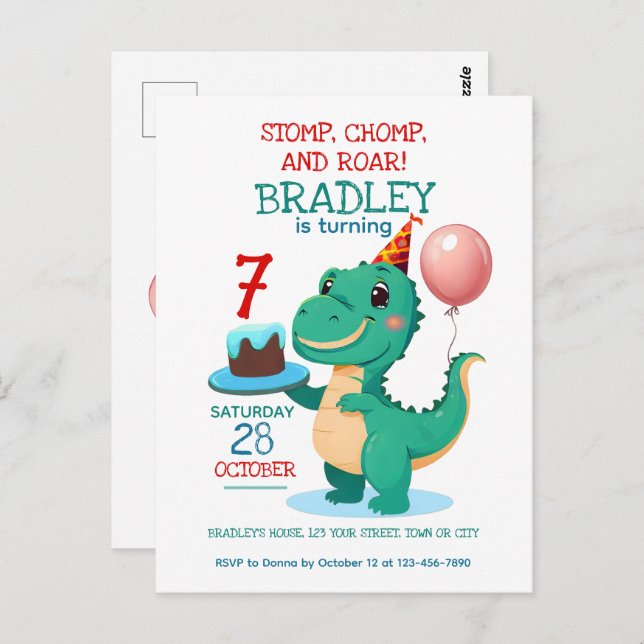 Invitation pour l'anniversaire des 7 ans de T Rex  (Devant / Derrière)