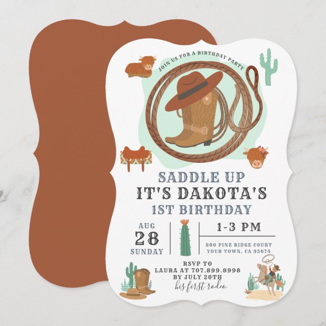 Invitation pour l'anniversaire du garçon Cowboy (Devant / Derrière)