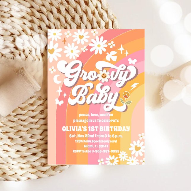 Invitation pour le 1er anniversaire Groovy Rainbow (Créateur téléchargé)