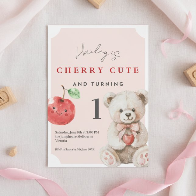 Invitation pour le 1er anniversaire Thème Teddy Mi (Cherry cute teddy 1st birthday invitation with fruit theme and pink watercolor accents)