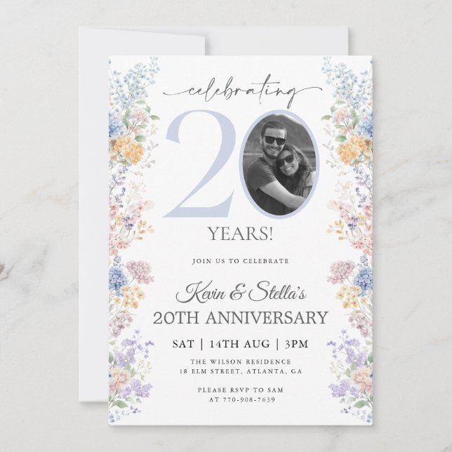 Invitation pour le 20e anniversaire avec motif flo (Devant)