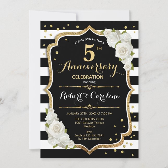 Invitation pour le 5e anniversaire - Noir Blanc Or (Devant)