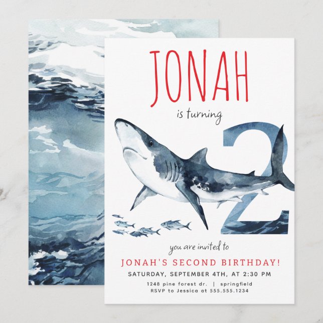 Invitation pour le deuxième anniversaire de requin (Devant / Derrière)
