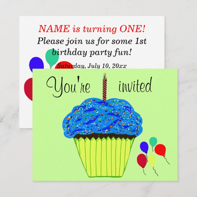 Invitation pour le premier anniversaire Blue Cupca (Devant / Derrière)
