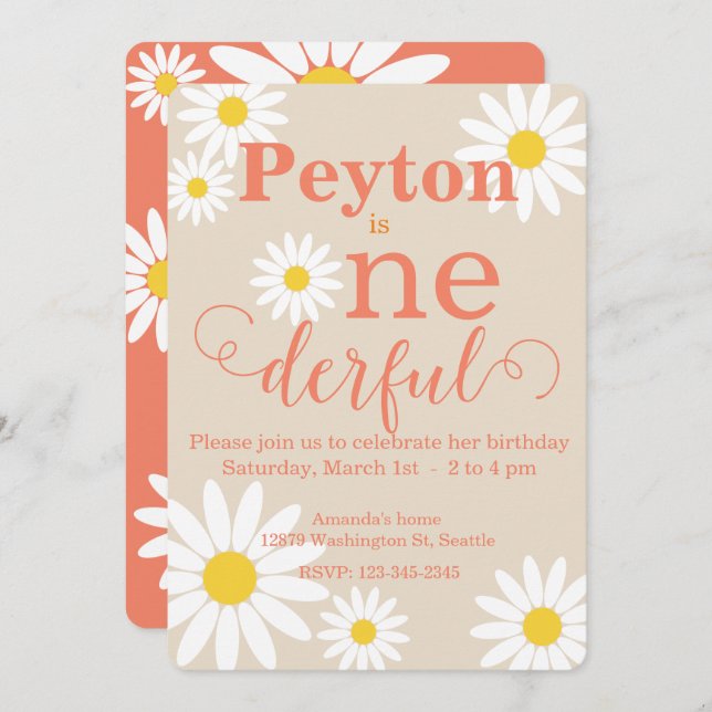 Invitation pour le premier anniversaire Boho Daisy (Devant / Derrière)