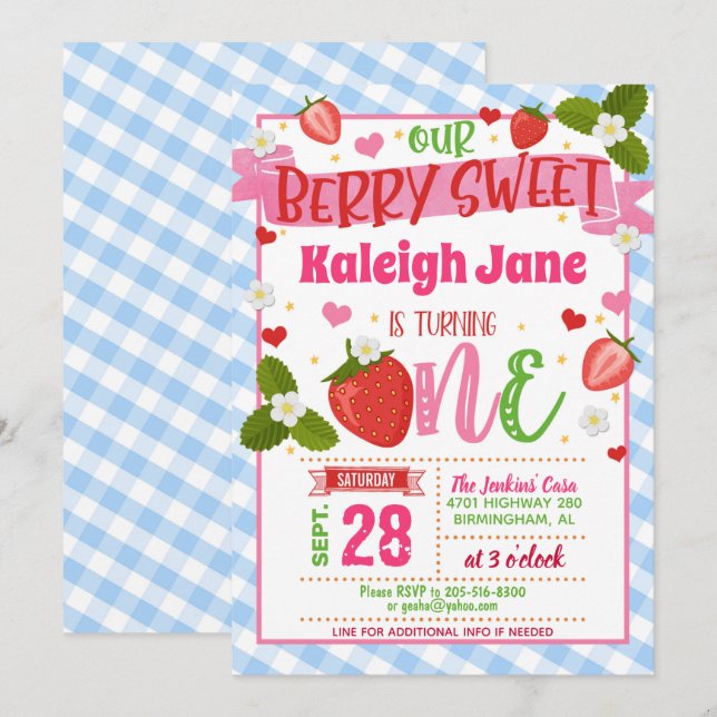 Invitation pour le premier anniversaire de fraise  (Devant / Derrière)