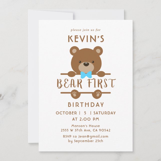 Invitation pour le premier anniversaire de l'ours  (Devant)