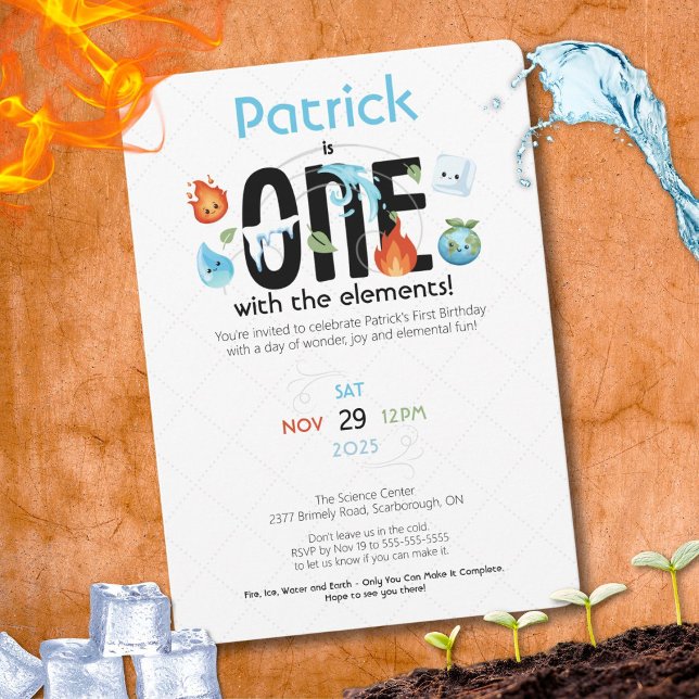 Invitation pour le premier anniversaire de ONE ave (A fun birthday theme of 4 Elements featuring fire, ice, water, and earth)