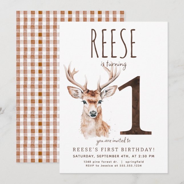 Invitation pour le premier anniversaire du cerf (Devant / Derrière)