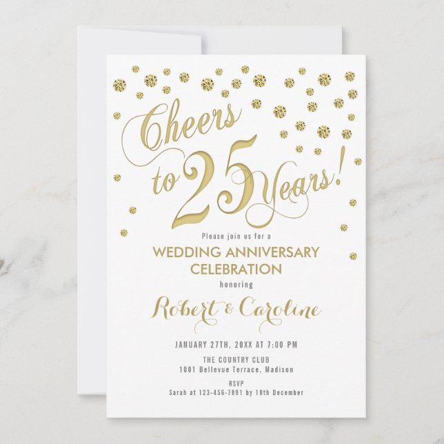 Invitation pour les 25 ans de mariage - Or et blan (Devant)