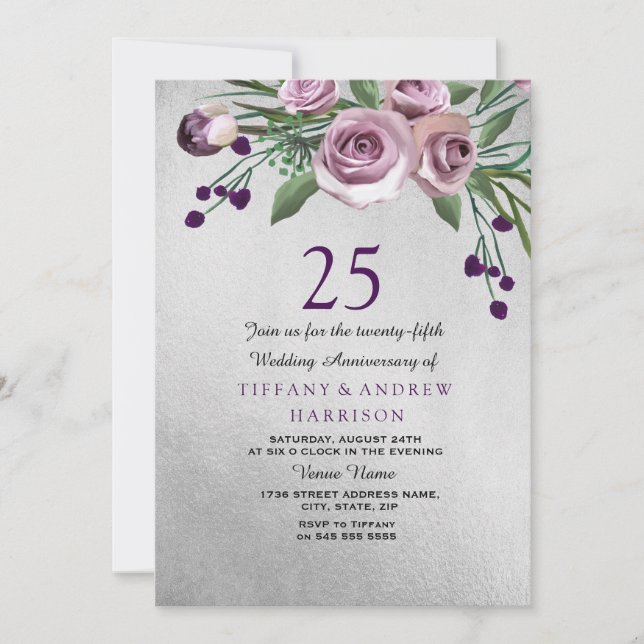 Invitation pour les 25 ans de mariage Rose Violet  (Devant)