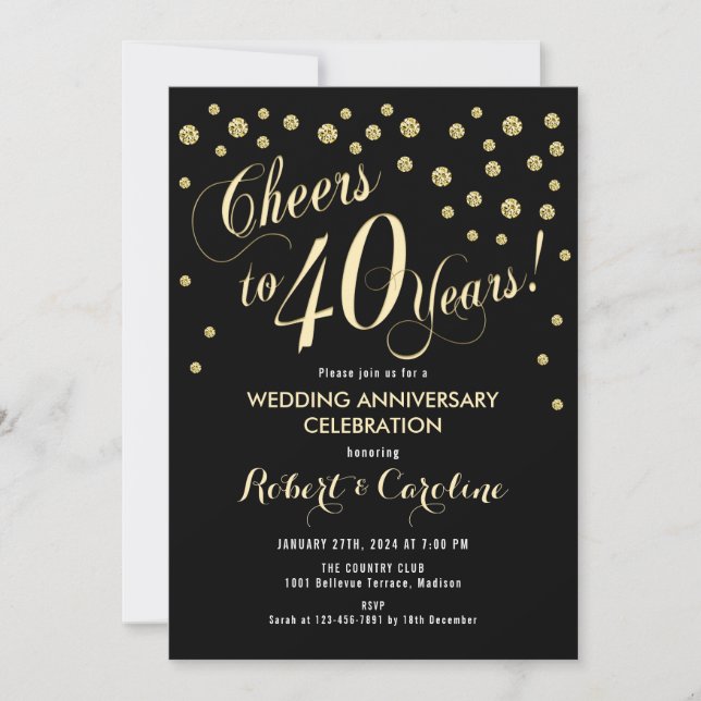 Invitation pour les 40 ans de mariage - Noir et or (Devant)