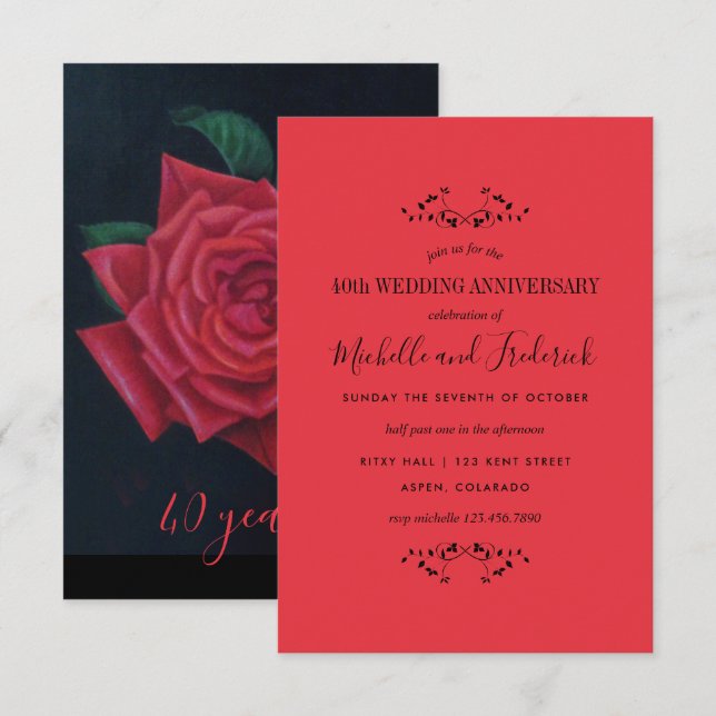 Invitation pour les 40 ans de mariage - Rose rouge (Devant / Derrière)