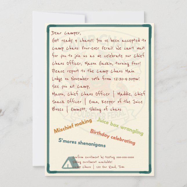 Invitation pour les 4 ans de Camp Chaos : À jamais (Devant)