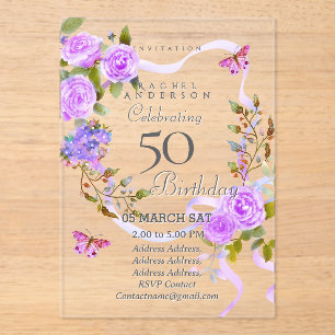 Invitation pour les 50 ans avec ruban de rose pour