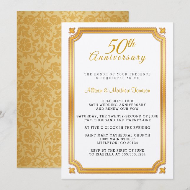 Invitation pour les 50 ans de mariage d'or (Devant / Derrière)